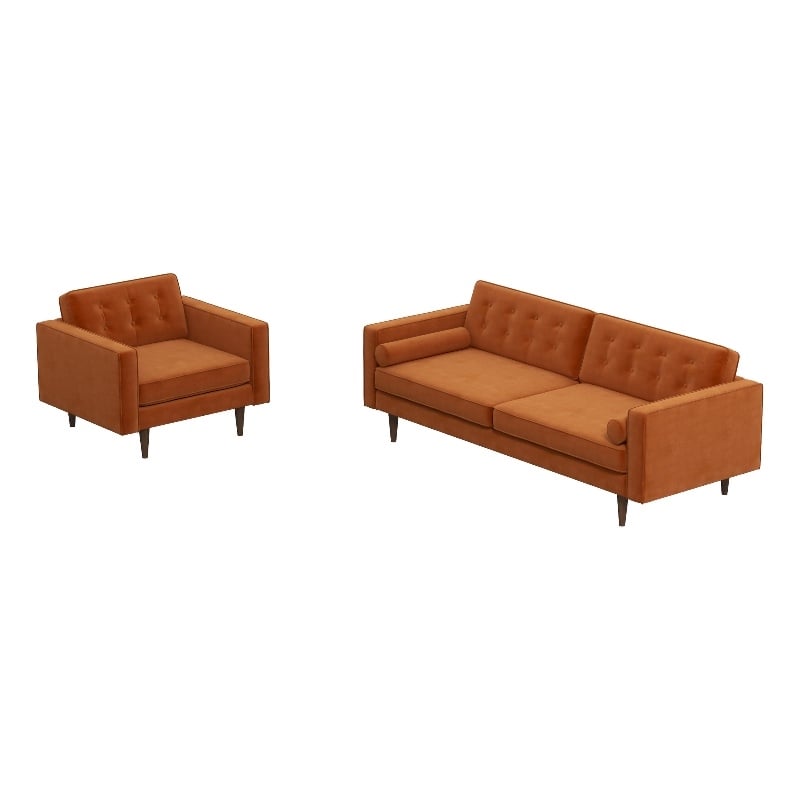 Kayson Mid-Century Pillow Back Velvet Sofa and Lounge Chair Set in Orange