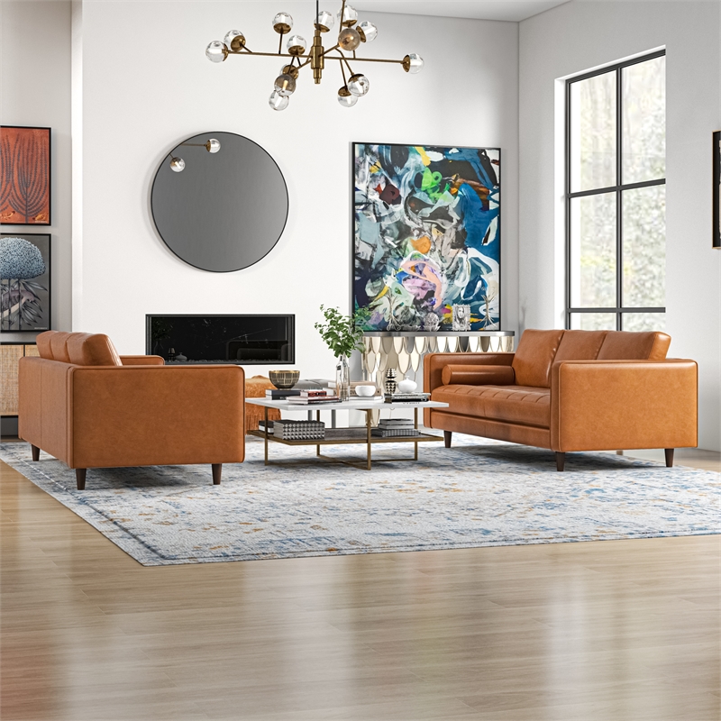 Base Mid-Century Modern Living Room Sofa in Tan Leather (Set of 2)