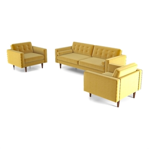 mase 3-piece mid-century velvet sofa and 2 lounge chairs set in gold