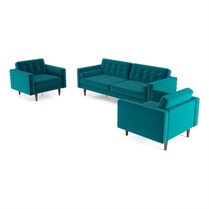 mase 3-piece mid-century velvet sofa and 2 lounge chairs set in turquoise