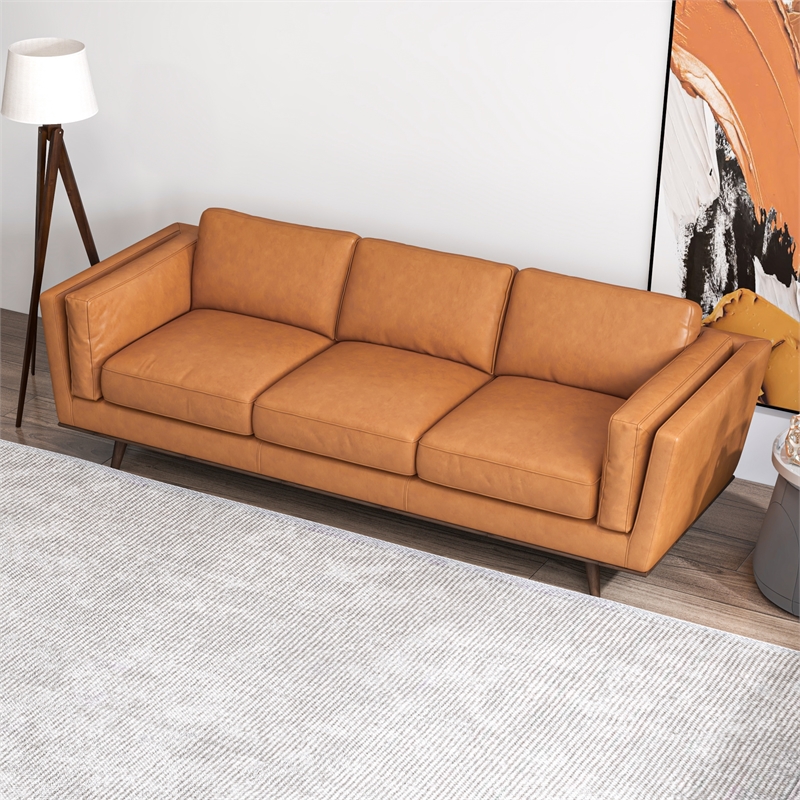 Sienna Mid-Century Cushion Back Genuine Leather Upholstered Sofa in Tan
