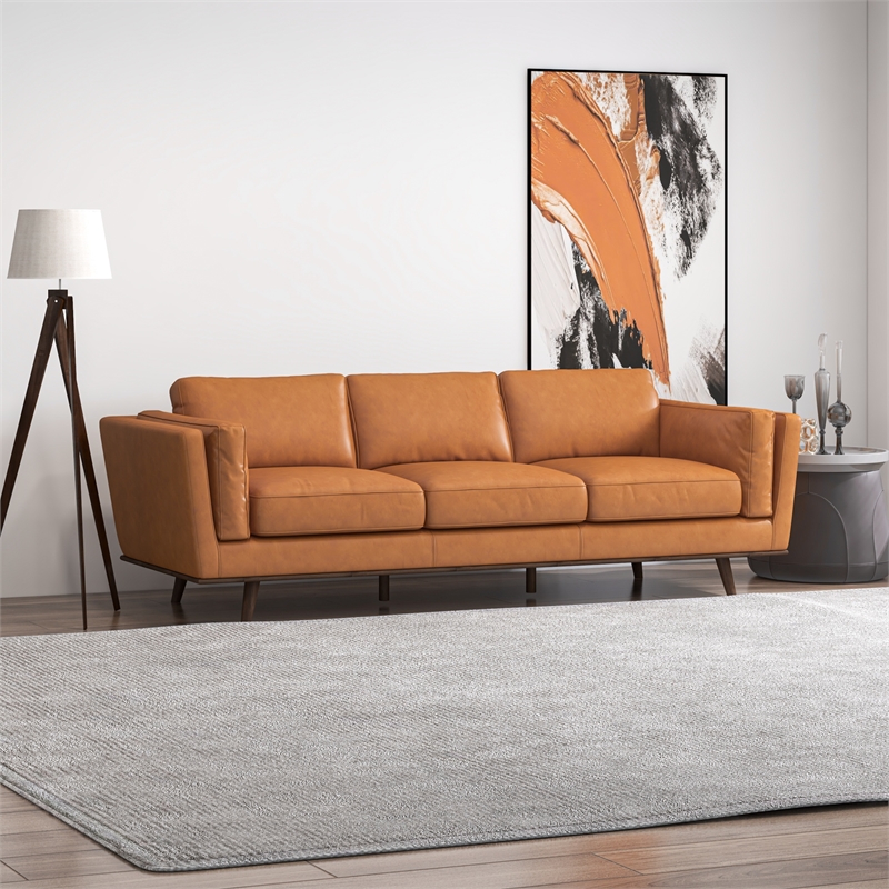 Sienna Mid-Century Cushion Back Genuine Leather Upholstered Sofa in Tan
