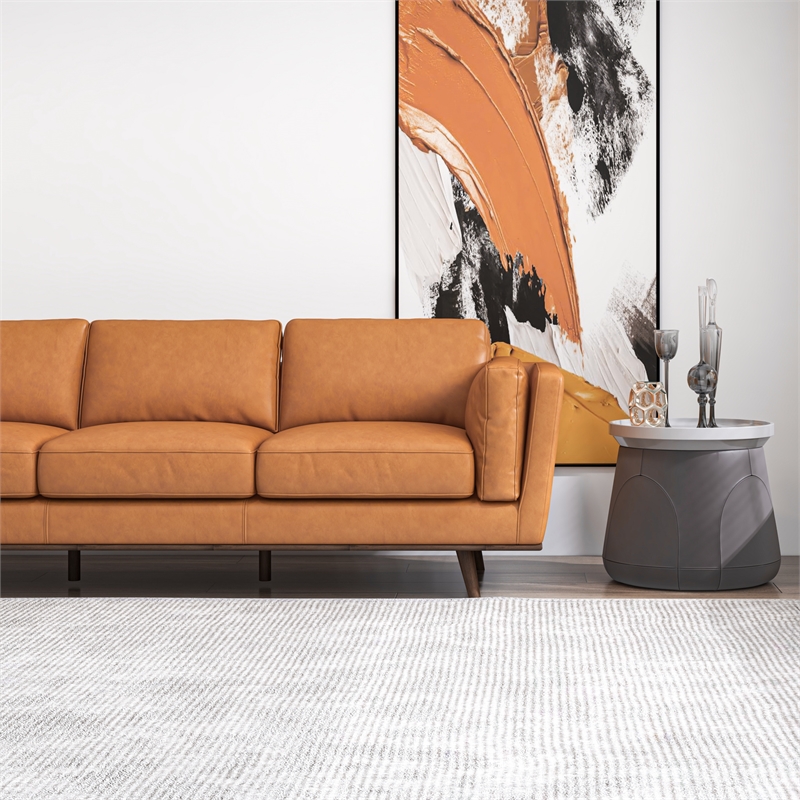 Sienna Mid-Century Cushion Back Genuine Leather Upholstered Sofa in Tan