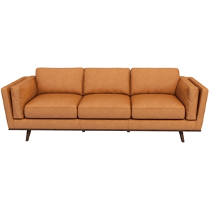 Sienna Mid-Century Cushion Back Genuine Leather Upholstered Sofa in Tan