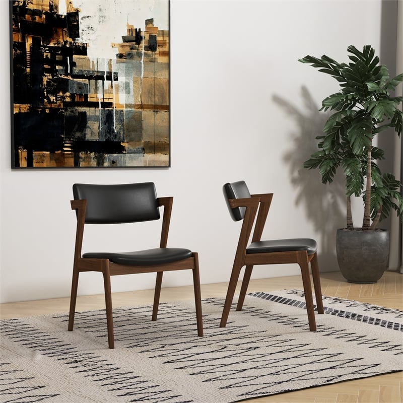 Vego Mid-Century Faux Leather Upholstered Dining Chair in Black (Pair)