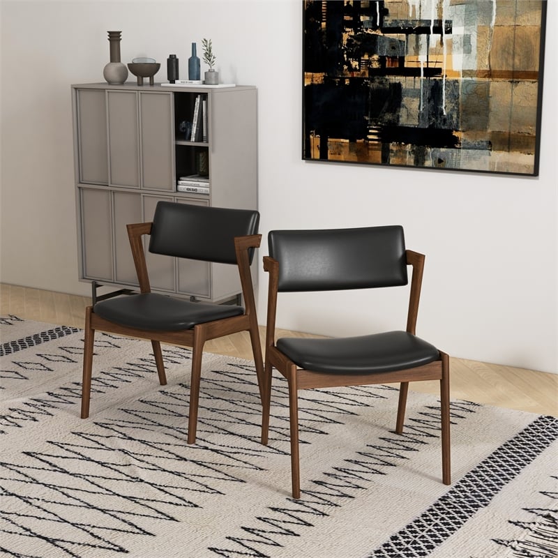 Vego Mid-Century Faux Leather Upholstered Dining Chair in Black (Pair)