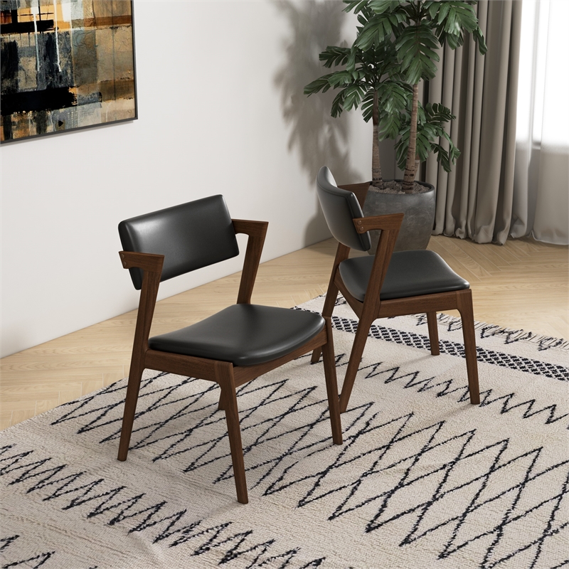 Vego Mid-Century Faux Leather Upholstered Dining Chair in Black (Pair)