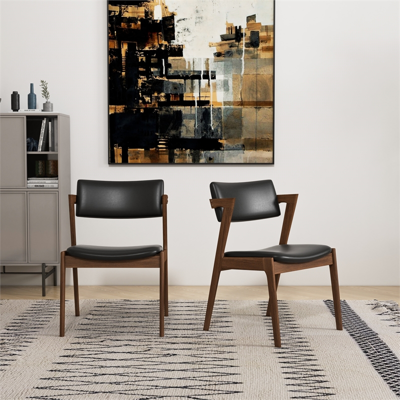 Vego Mid-Century Faux Leather Upholstered Dining Chair in Black (Pair)