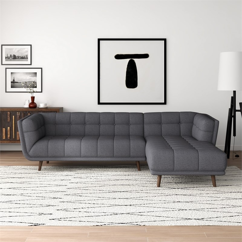 Allen Mid Century Modern Living Room Corner Fabric Linen Sectional Sofa in Gray