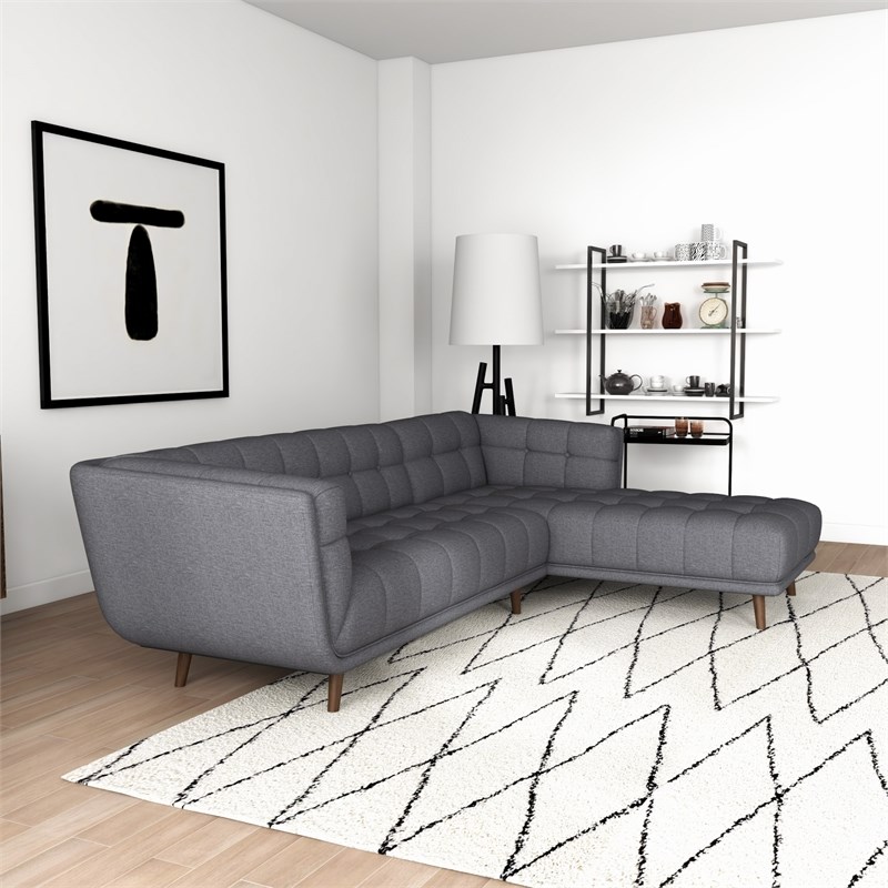 Allen Mid Century Modern Living Room Corner Fabric Linen Sectional Sofa in Gray