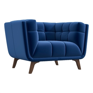 allen mid-century tufted tight back velvet upholstered lounge chair in blue