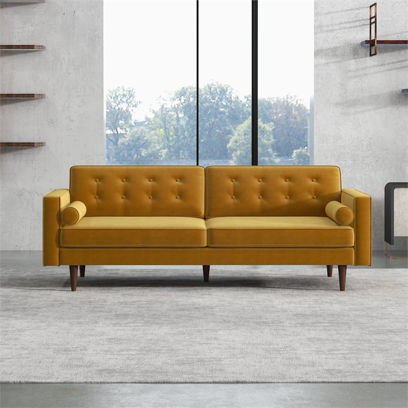 Kearney Mid-Century Modern Tufted Back Gold Velvet Upholstered Sofa