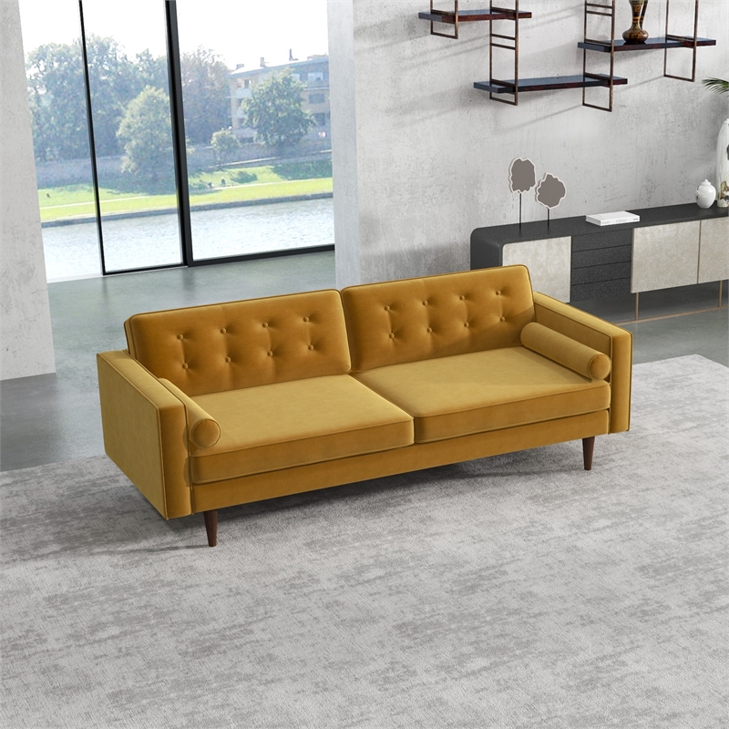 Kearney Mid-Century Modern Tufted Back Gold Velvet Upholstered Sofa
