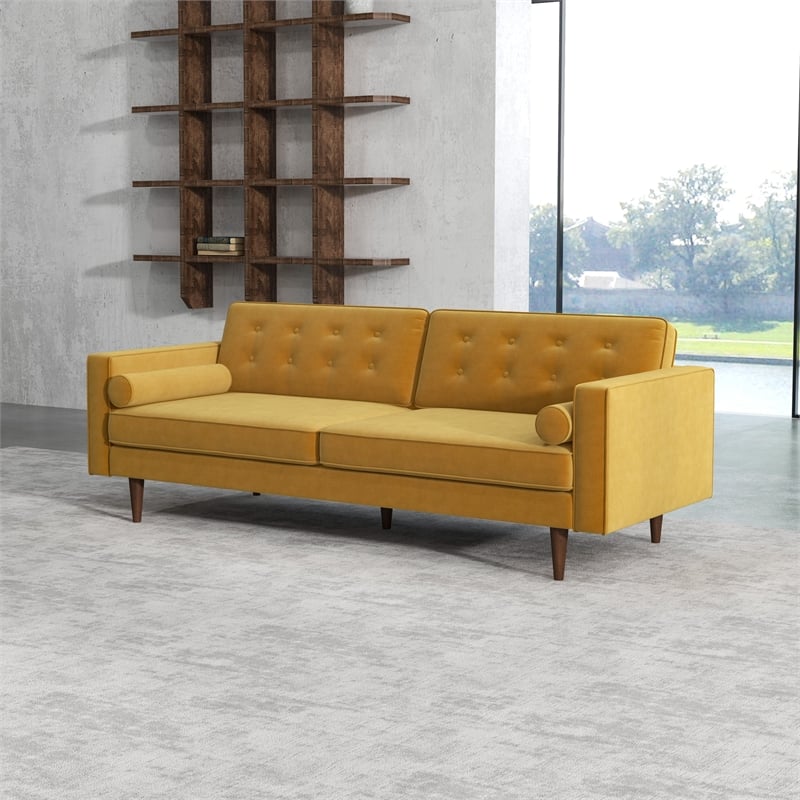 Kearney Mid-Century Modern Tufted Back Gold Velvet Upholstered Sofa