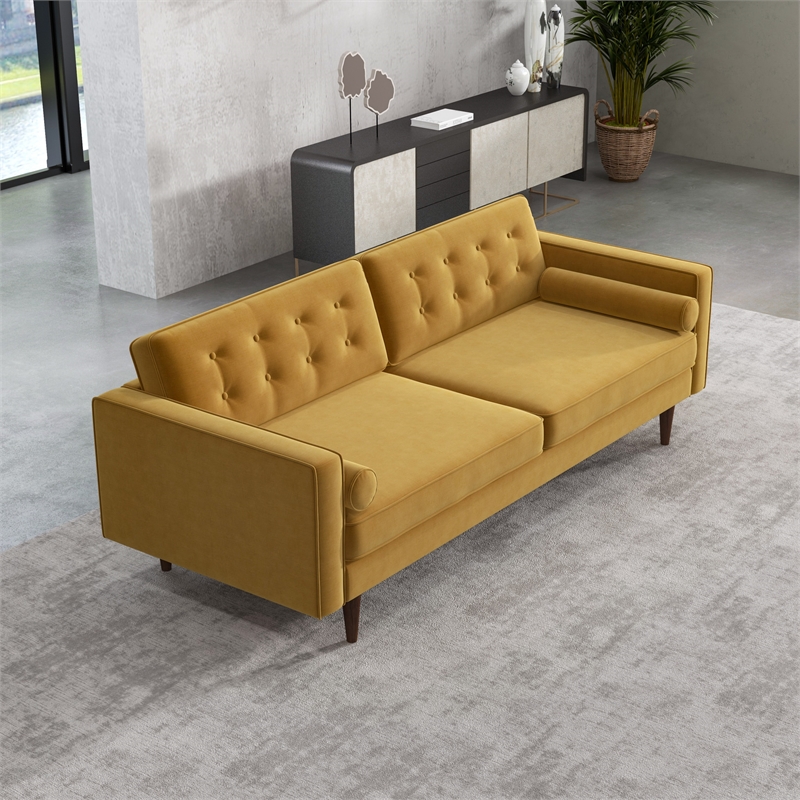 Kearney Mid-Century Modern Tufted Back Gold Velvet Upholstered Sofa