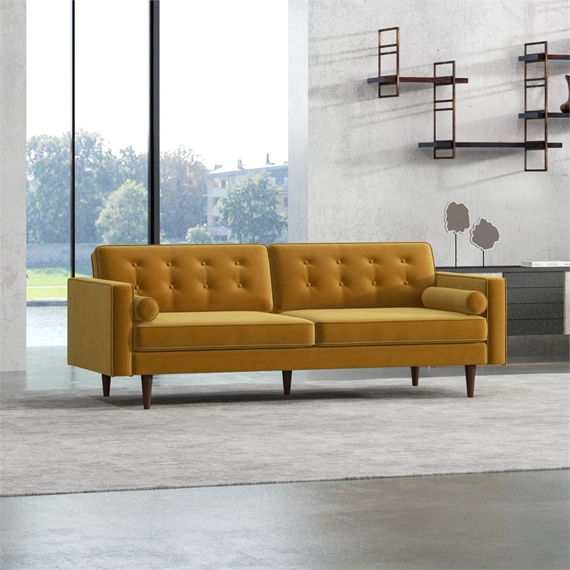 Kearney Mid-Century Modern Tufted Back Gold Velvet Upholstered Sofa