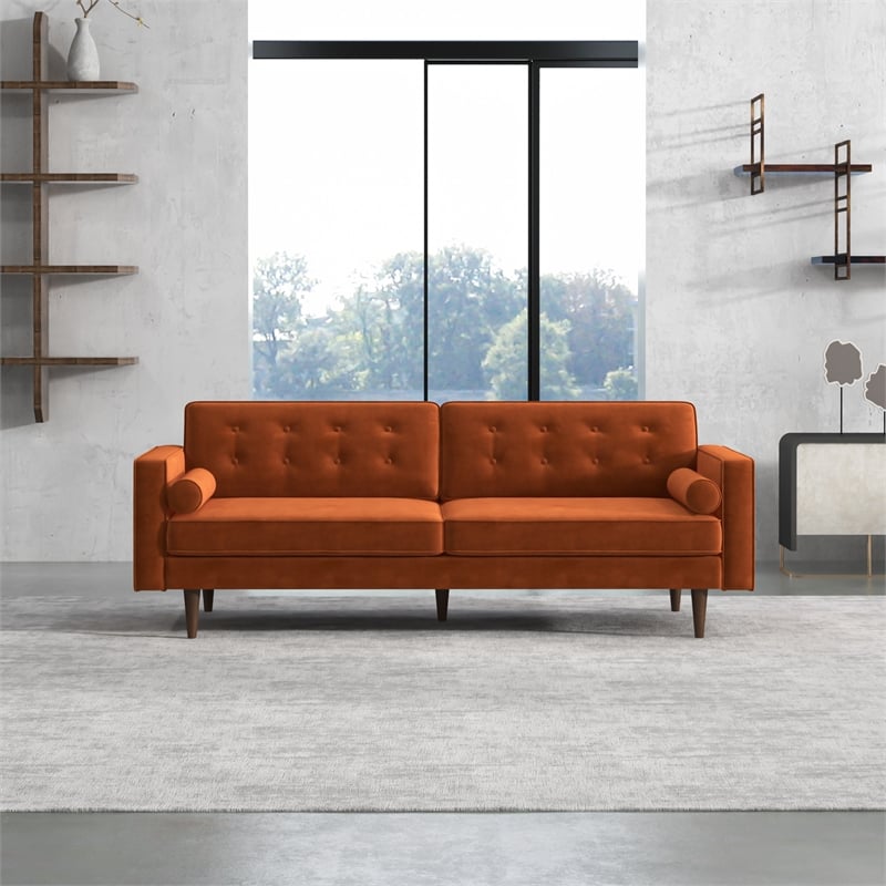 Kearney Mid-Century Modern Tufted Tight Back Velvet Upholstered Sofa in Orange