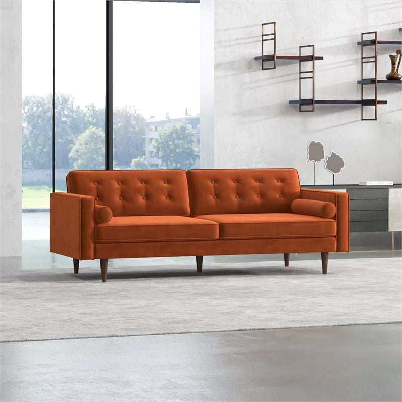 Kearney Mid-Century Modern Tufted Tight Back Velvet Upholstered Sofa in Orange