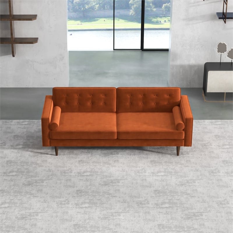 Kearney Mid-Century Modern Tufted Tight Back Velvet Upholstered Sofa in Orange