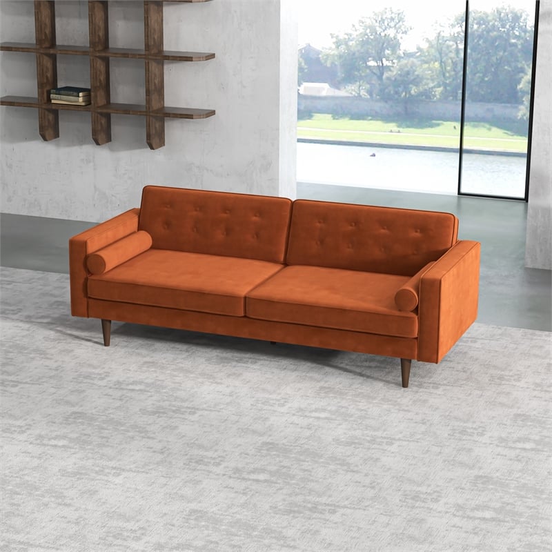 Kearney Mid-Century Modern Tufted Tight Back Velvet Upholstered Sofa in Orange