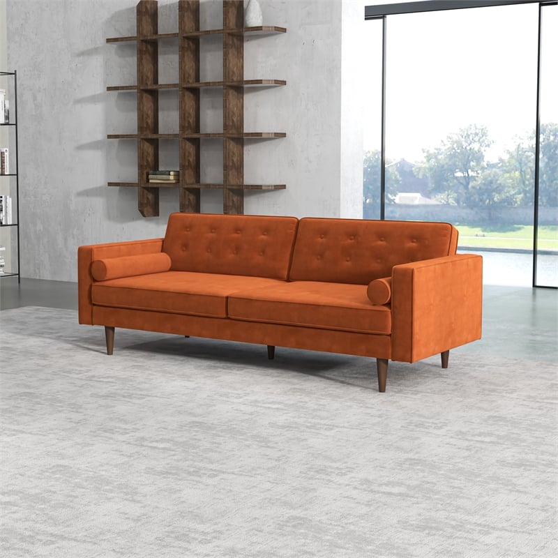 Kearney Mid-Century Modern Tufted Tight Back Velvet Upholstered Sofa in Orange