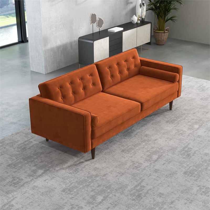Kearney Mid-Century Modern Tufted Tight Back Velvet Upholstered Sofa in Orange