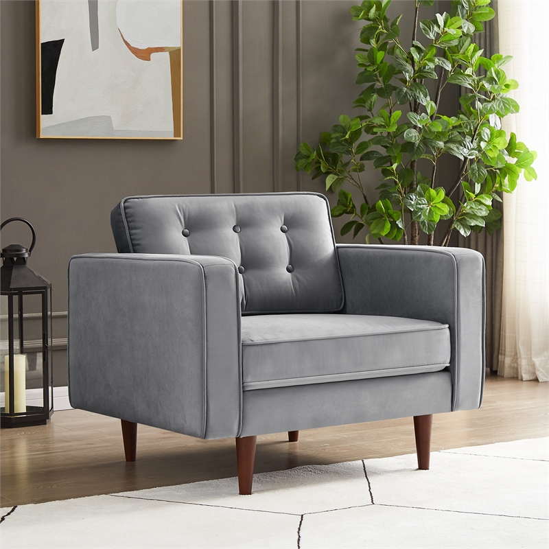 Harriet Mid-Century Tufted Pillow Back Velvet Upholstered Arm Chair in Grey