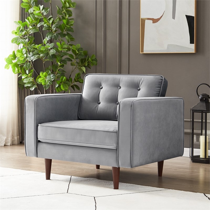 Chester Mid-Century Tufted Pillow Back Velvet Upholstered Arm Chair in Gray