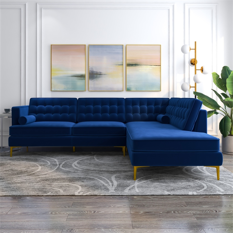 Celestine Modern Pillow Back Velvet Right-Facing Upholstered Sectional in Blue