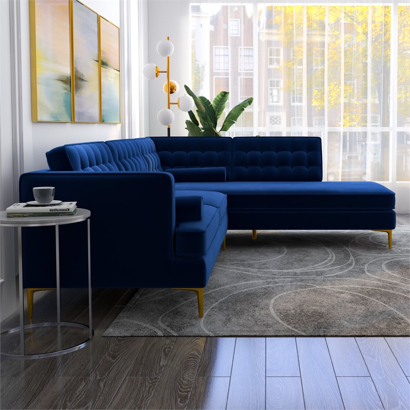 Celestine Modern Pillow Back Velvet Right-Facing Upholstered Sectional in Blue