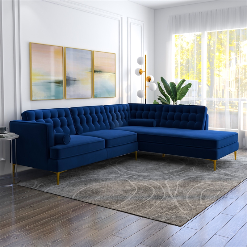 Celestine Modern Pillow Back Velvet Right-Facing Upholstered Sectional in Blue