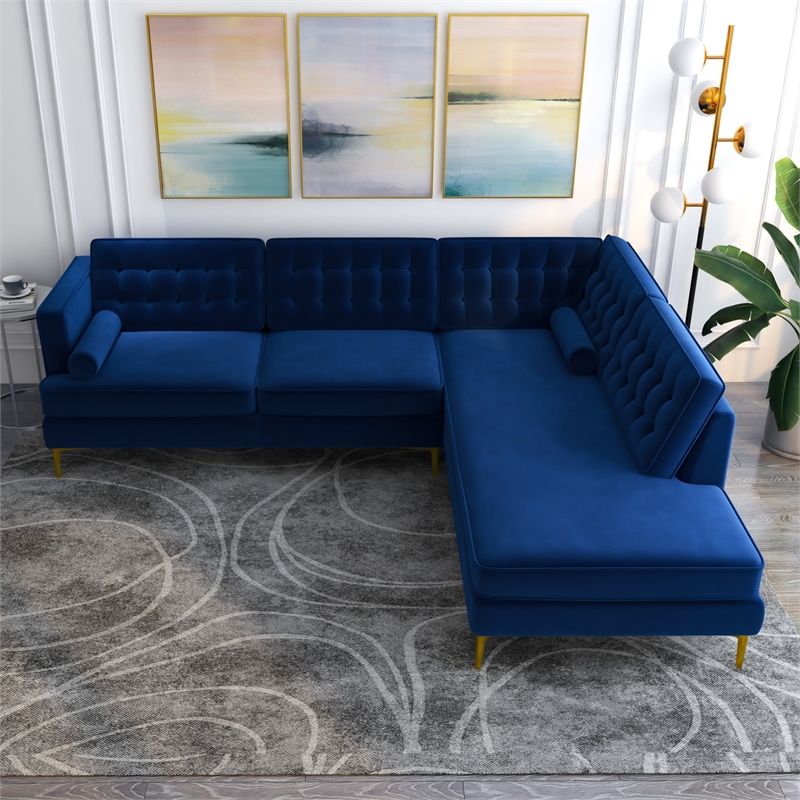 Celestine Modern Pillow Back Velvet Right-Facing Upholstered Sectional in Blue