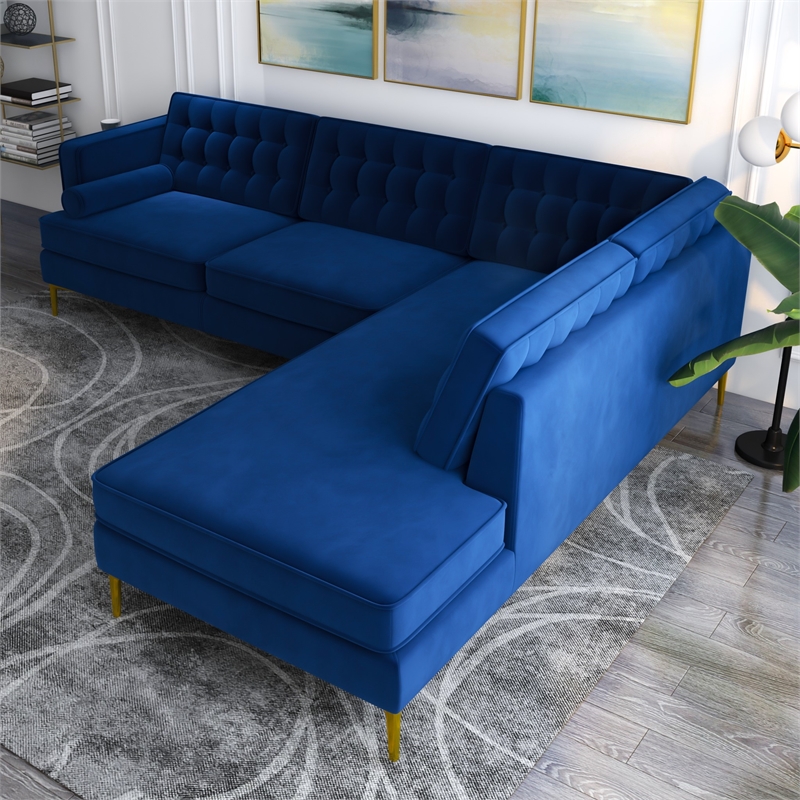 Celestine Modern Pillow Back Velvet Right-Facing Upholstered Sectional in Blue