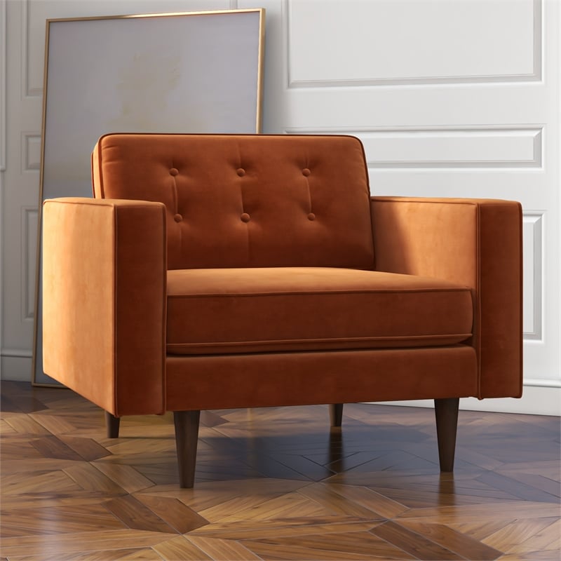 Chester Mid Century Modern Style Tufted  Wide Velvet Armchair in Orange
