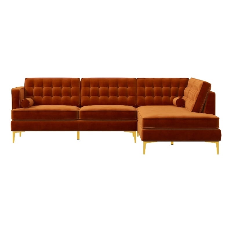 Kalenga Modern Pillow Back Velvet Right-Facing Upholstered Sectional in Orange