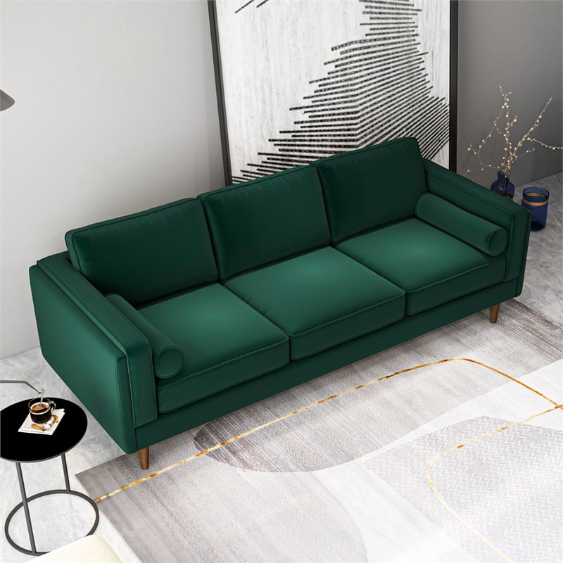 Hibernian Mid-Century Pillow Back Velvet Upholstered Sofa in Green