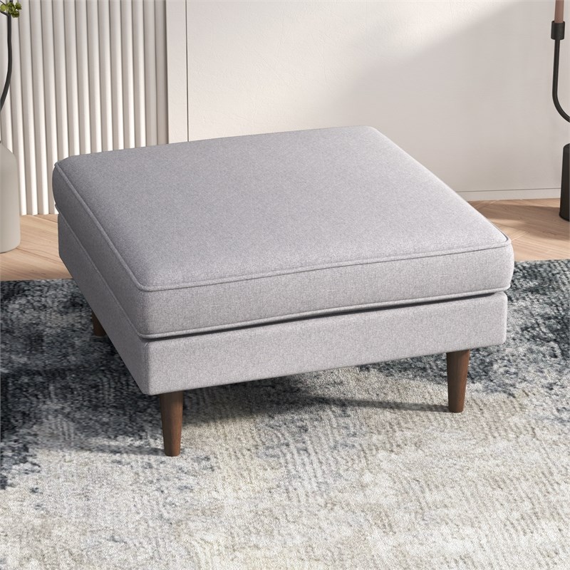 Hudson Mid-Century Square Fabric Linen Upholstered Ottoman in Light Gray