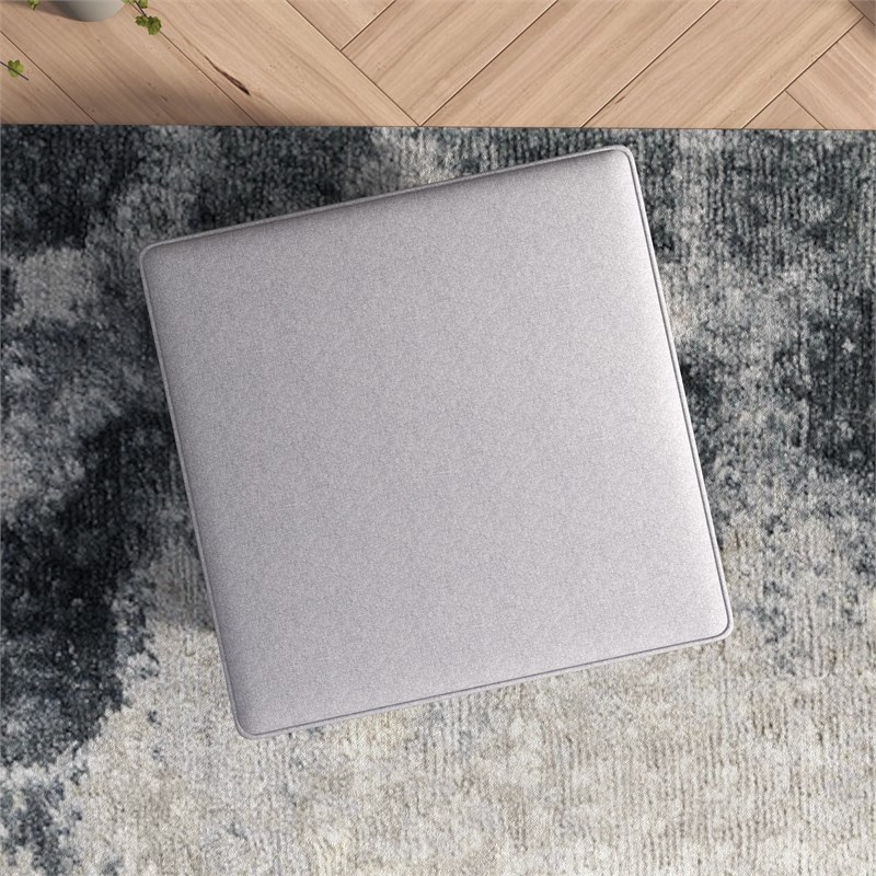 Hudson Mid-Century Square Fabric Linen Upholstered Ottoman in Light Gray