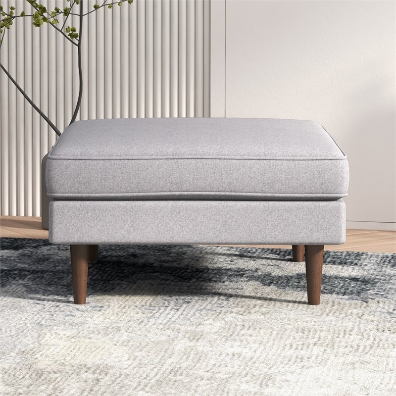 Hudson Mid-Century Square Fabric Linen Upholstered Ottoman in Light Gray