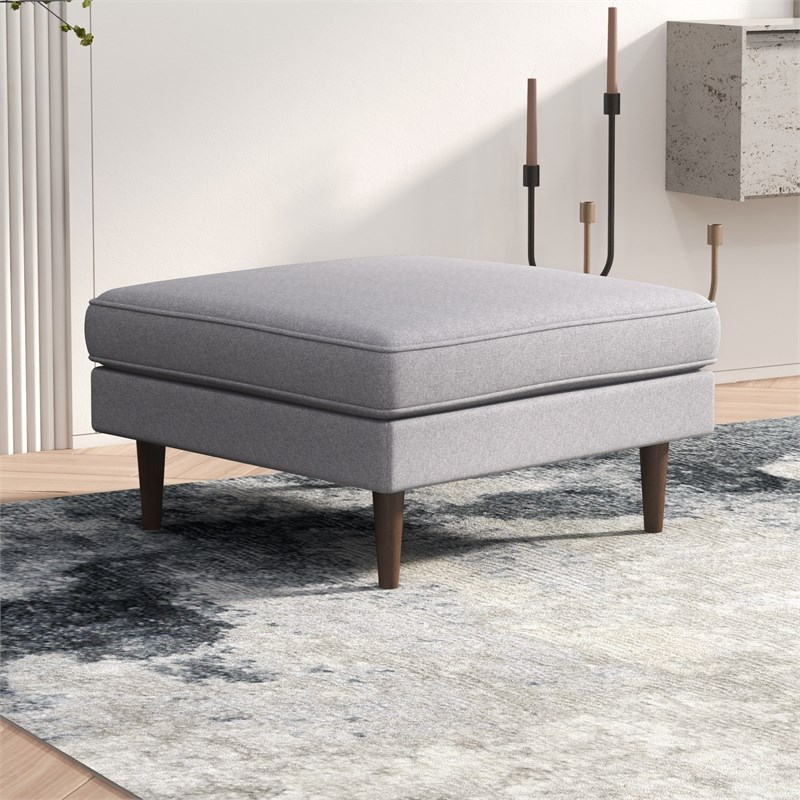 Hudson Mid-Century Square Fabric Linen Upholstered Ottoman in Light Gray