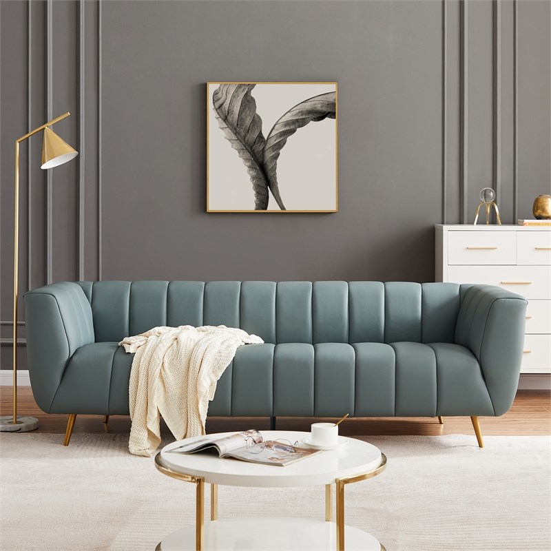 Clodette Mid Century Modern Living Room Genuine Leather Sage Sofa