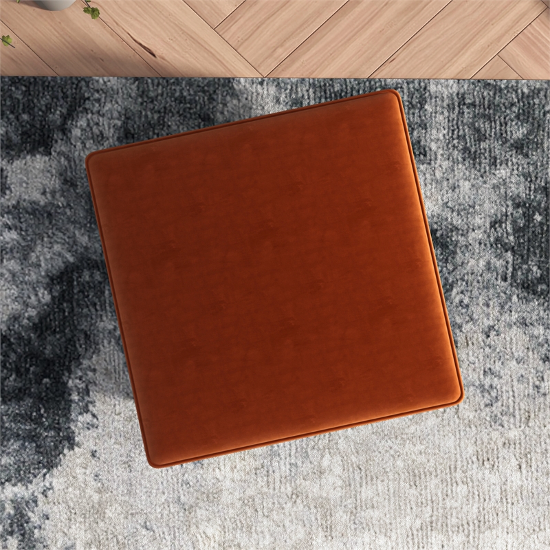 Hudson Mid-Century Square Velvet Upholstered Ottoman in Orange