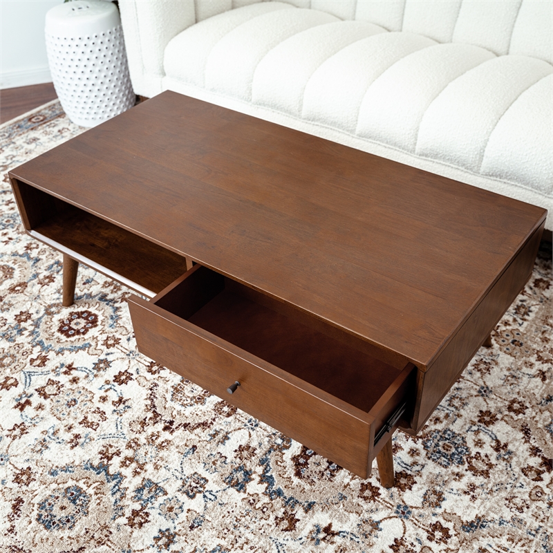 Nola Mid Century Rectangular Solid Wood Coffee Table in Walnut