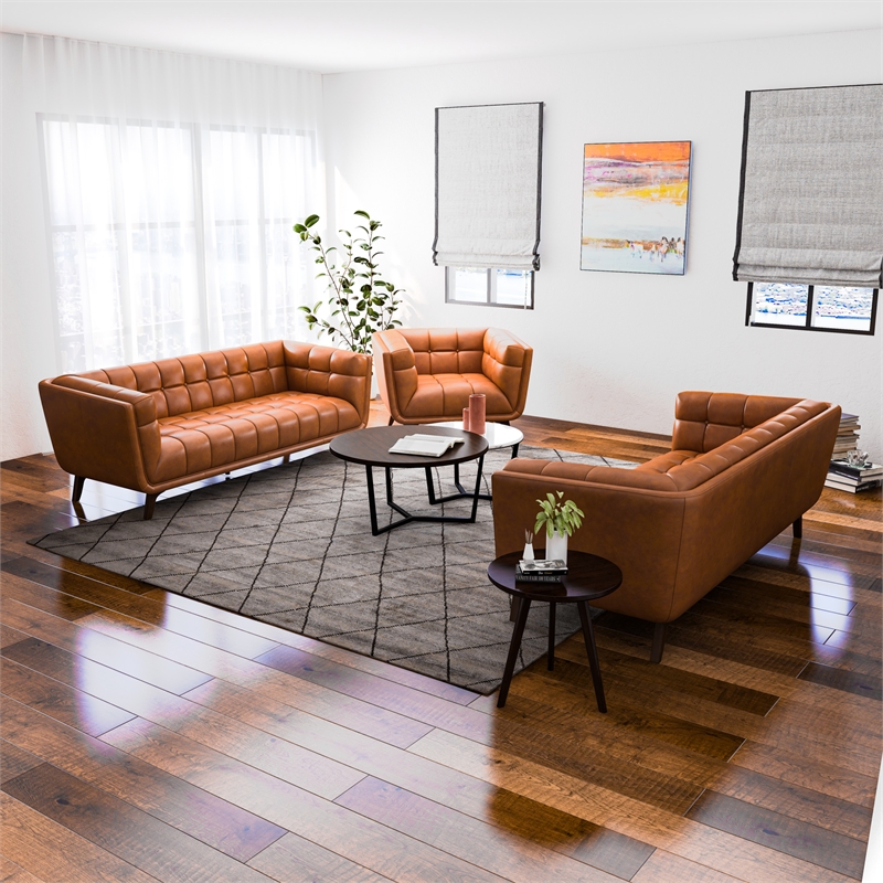 Kai Mid-Century  Pillow Back Leather Living Room Set in Tan