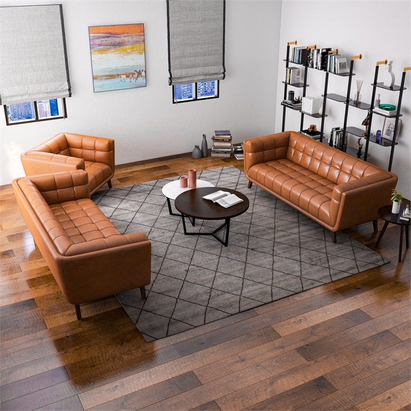 Kai Mid-Century  Pillow Back Leather Living Room Set in Tan