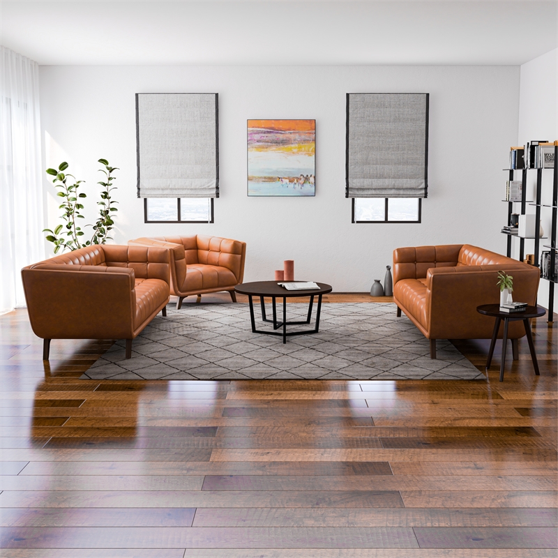 Kai Mid-Century  Pillow Back Leather Living Room Set in Tan