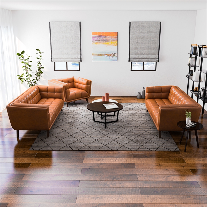 Kai Mid-Century  Pillow Back Leather Living Room Set in Tan