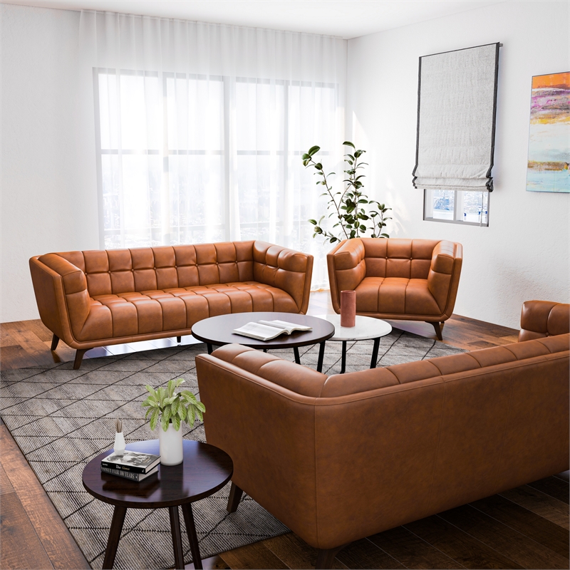 Kai Mid-Century  Pillow Back Leather Living Room Set in Tan