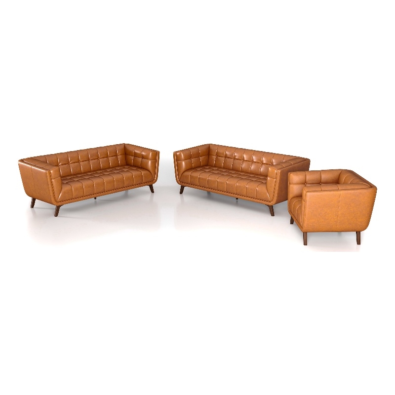Kai Mid-Century  Pillow Back Leather Living Room Set in Tan