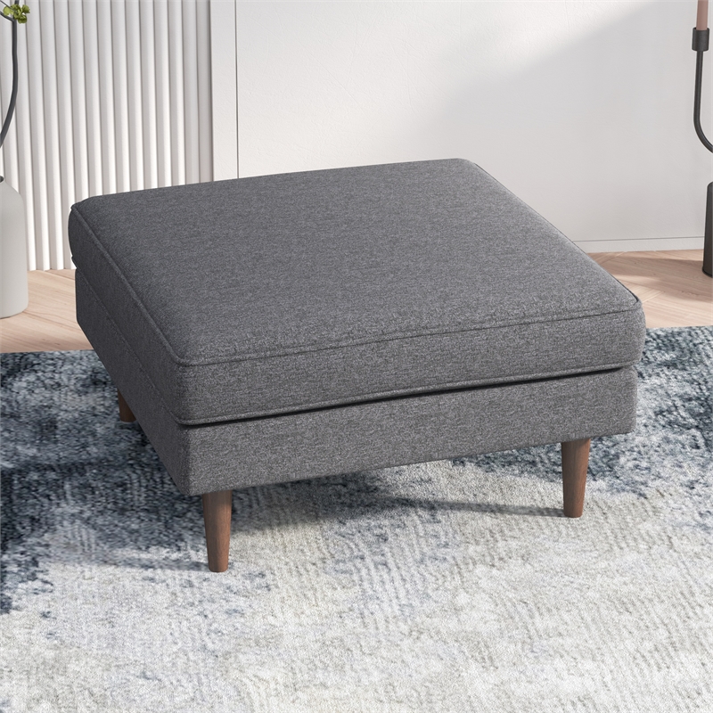 Hudson Mid-Century Square Fabric Linen Upholstered Ottoman in Dark Gray